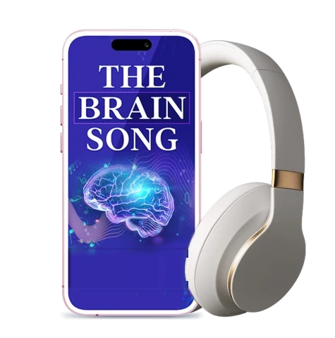 The Brain Song digital audio on a phone screen beside white over-ear headphones, as the seller's product art shows it