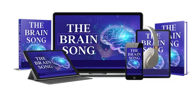 The Brain Song digital audio shown as a laptop, tablet, phone and book cover mockup with headphones, from the seller's page
