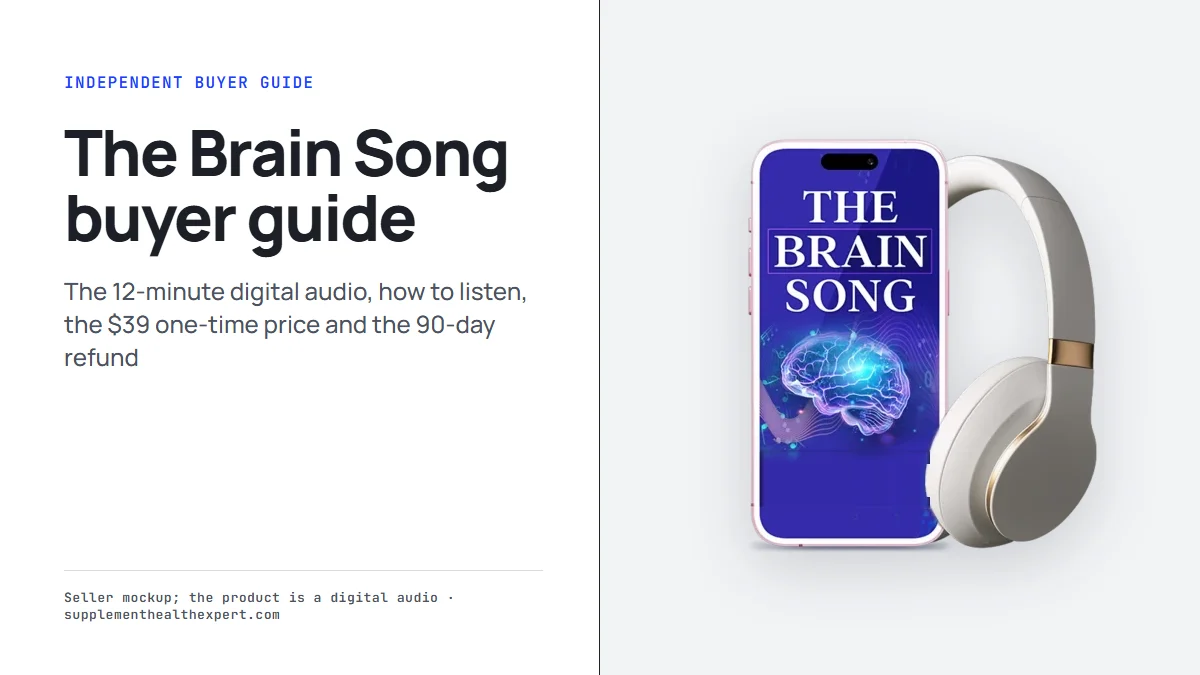 The Brain Song phone and headphones mockup beside the title The Brain Song buyer guide on a light grey panel