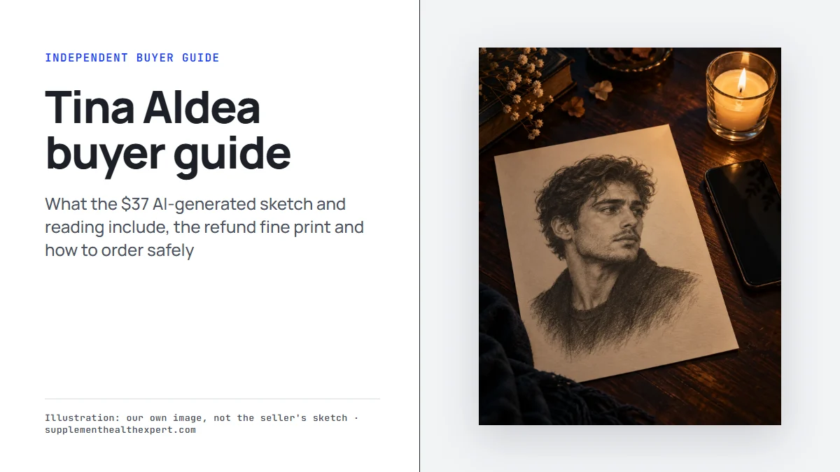 Our own illustration of a pencil-style portrait on a wooden desk beside a candle, next to the title Tina Aldea buyer guide