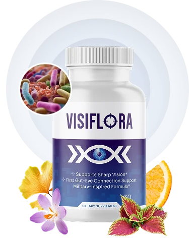 VisiFlora bottle of 30 capsules with ginkgo leaf, crocus and orange slices, from the official website