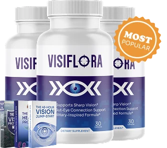 Three VisiFlora bottles with two of the bonus e-book covers, as pictured on the official order page