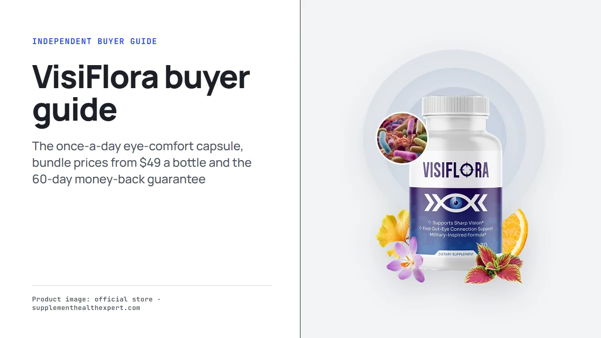 VisiFlora bottle beside the title VisiFlora buyer guide on a light gray panel