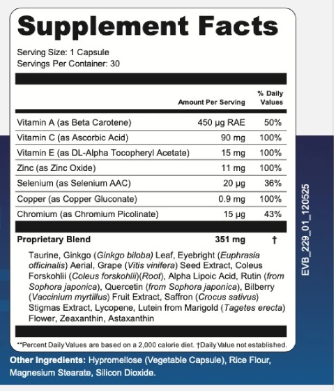VisiFlora ingredients list: the Supplement Facts panel with serving size, seven nutrient amounts and the blend