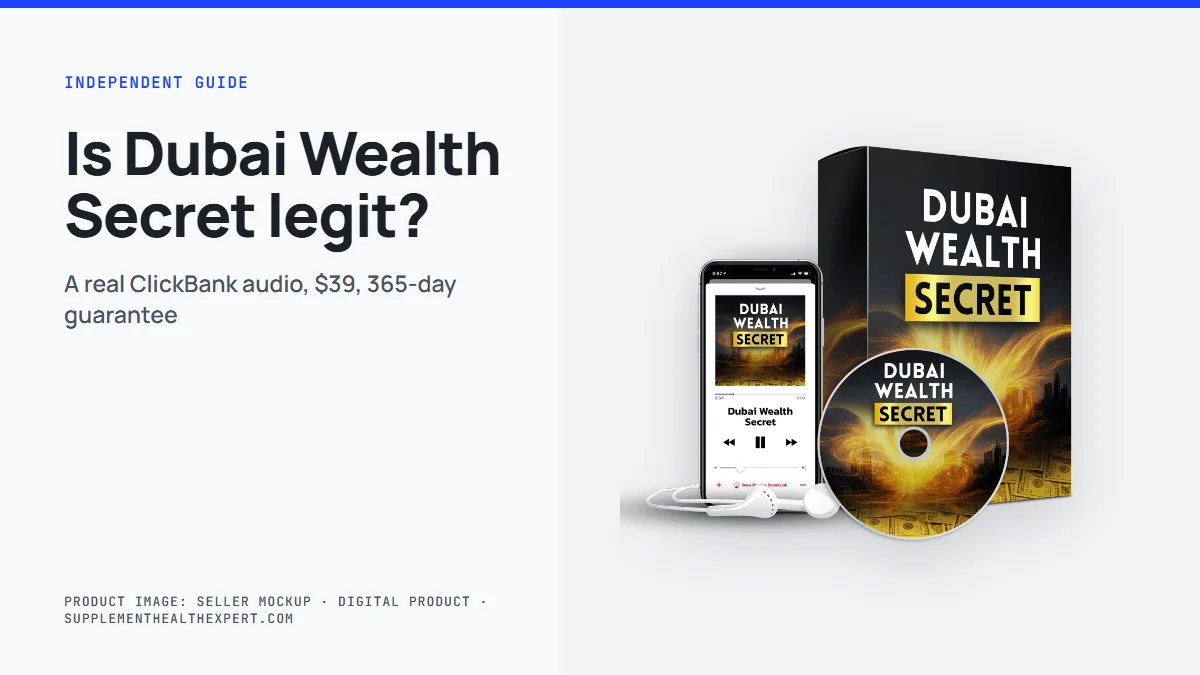 Is Dubai Wealth Secret legit? The seller's product mockup of a digital audio track with bonus guides