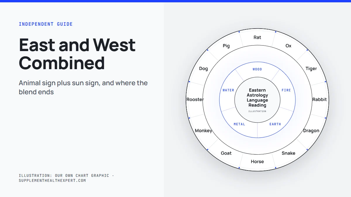 Eastern and western astrology combined: chart wheel graphic pairing a zodiac animal with a sun sign