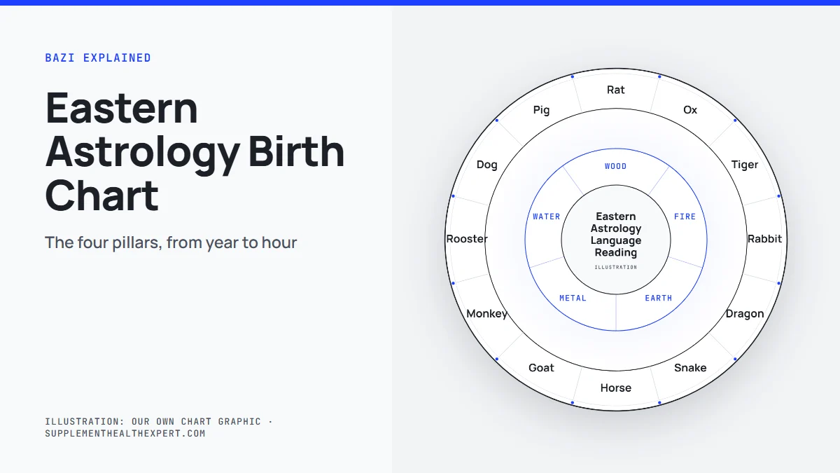 Eastern astrology birth chart guide: a chart wheel showing the year, month, day and hour pillars of a BaZi chart