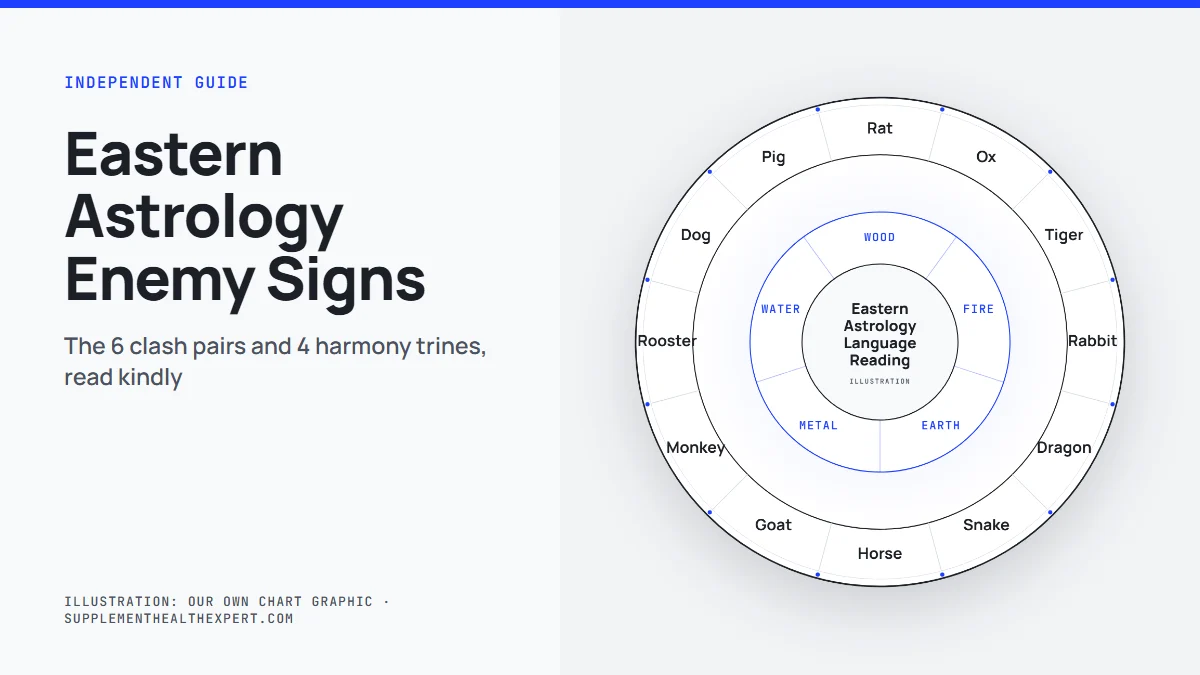 Eastern astrology enemy signs: chart wheel graphic with the six traditional clash pairs of the Chinese zodiac