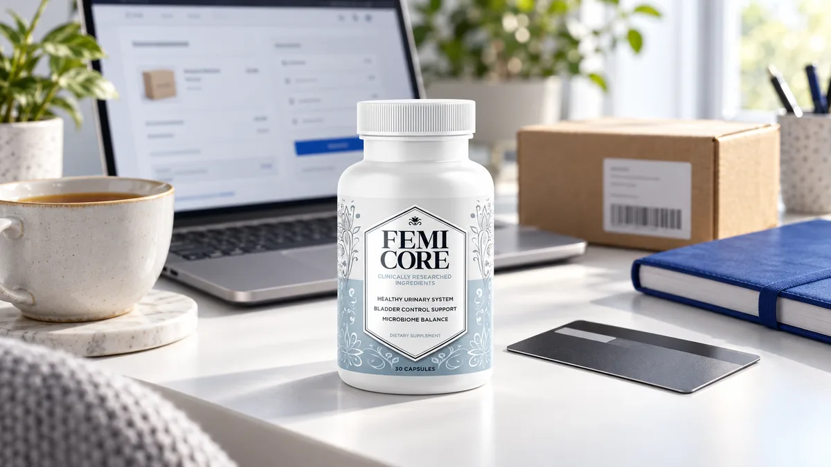 FemiCore official website buying guide: genuine FemiCore bottle on a desk beside a laptop showing an order page