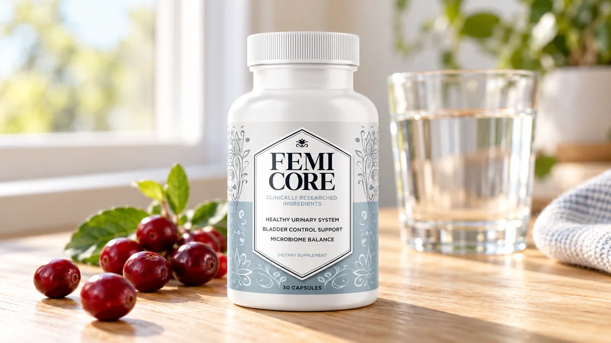 FemiCore reviews: bottle of the women's bladder control supplement photographed on a wooden table beside fresh cranberries