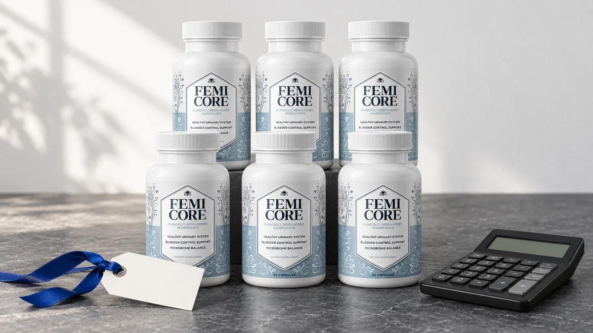 FemiCore sale guide: six bottles of FemiCore arranged on a table with a price tag and a calculator