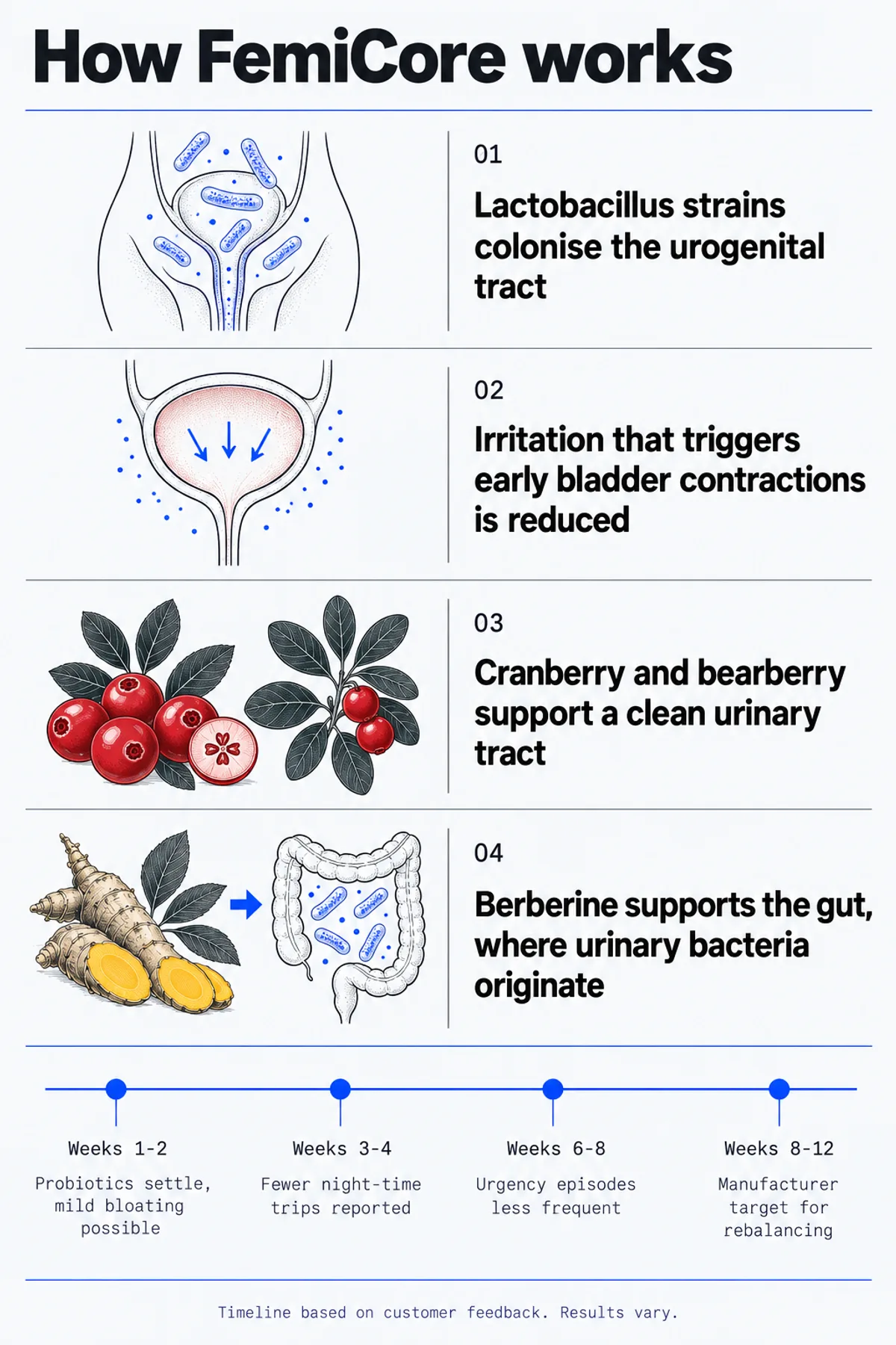 How FemiCore works infographic: the four-step mechanism from probiotic colonisation to a calmer bladder, with a 12-week expectation timeline