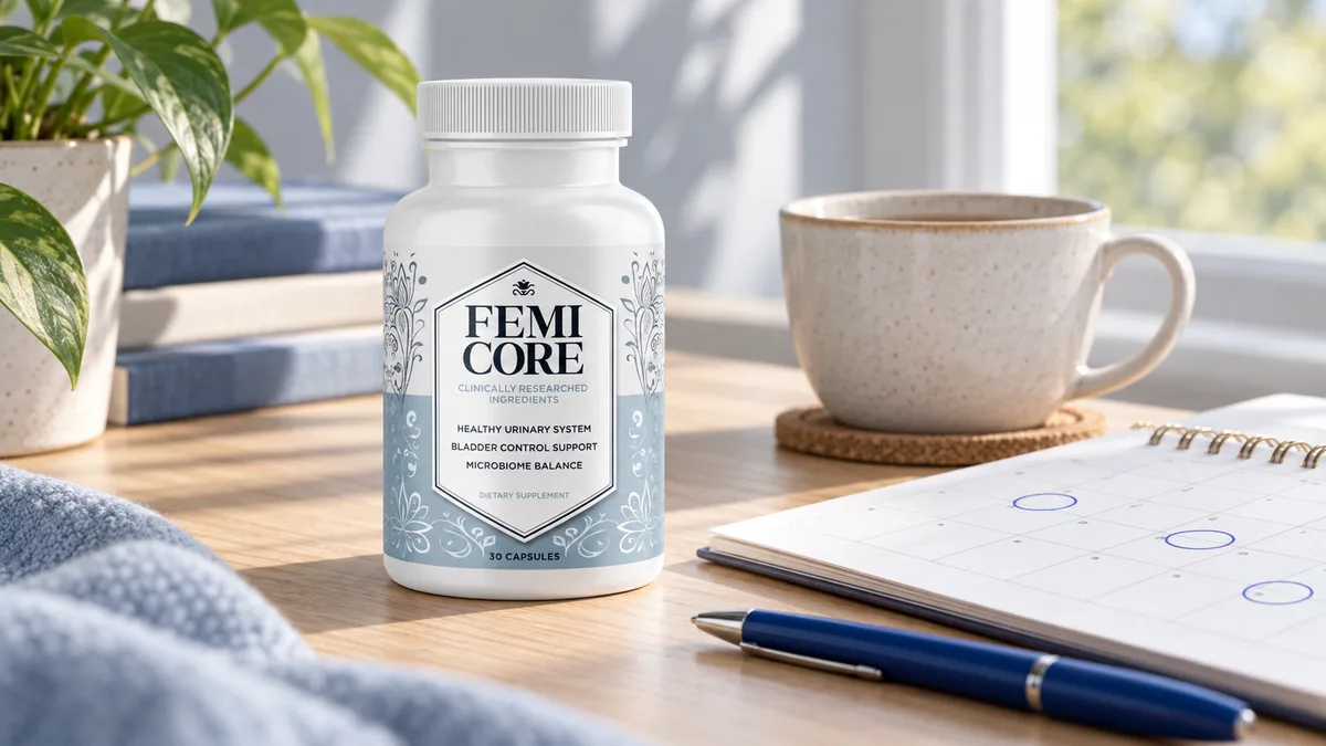 Does FemiCore really work: FemiCore bottle on a desk beside a calendar notebook with circled dates, a pen and a cup of tea