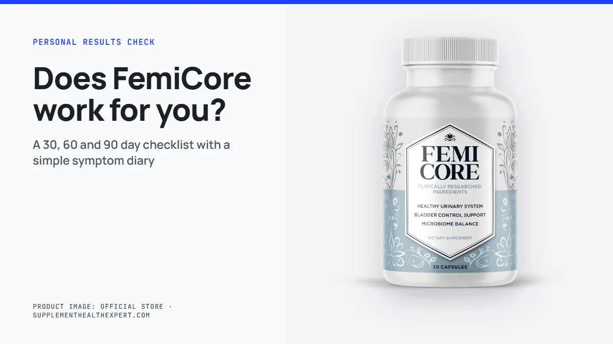 Does FemiCore work: FemiCore bottle beside a 30, 60 and 90 day personal results checklist