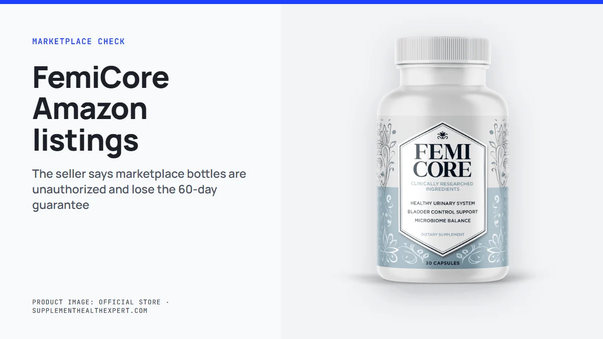 FemiCore Amazon listings explained: the genuine FemiCore bottle and why marketplace copies lose the 60-day guarantee