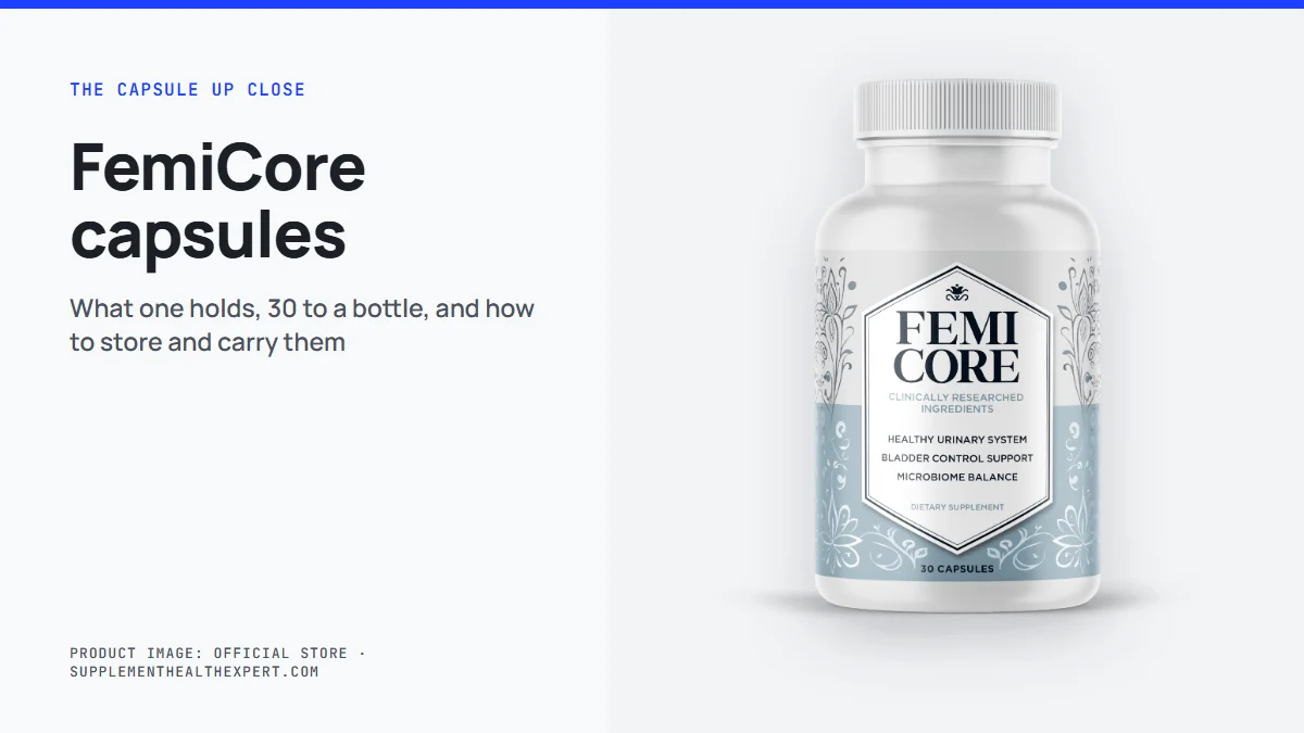 FemiCore capsules: the 30-capsule FemiCore bottle with notes on one capsule a day, storage and travel