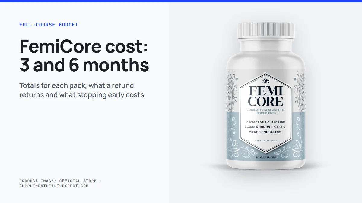 FemiCore cost over three and six months: FemiCore bottle beside pack totals for each package