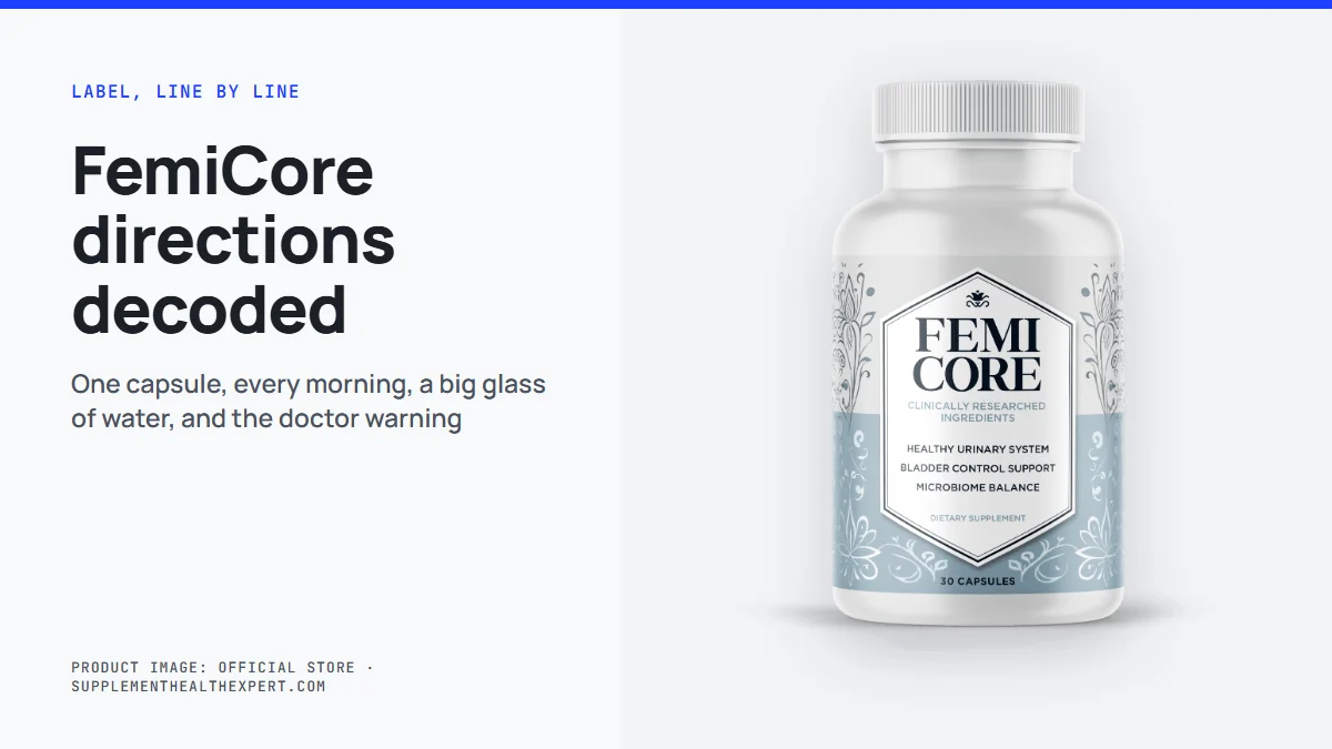 FemiCore directions explained: FemiCore bottle beside the daily instruction of one capsule each morning with water