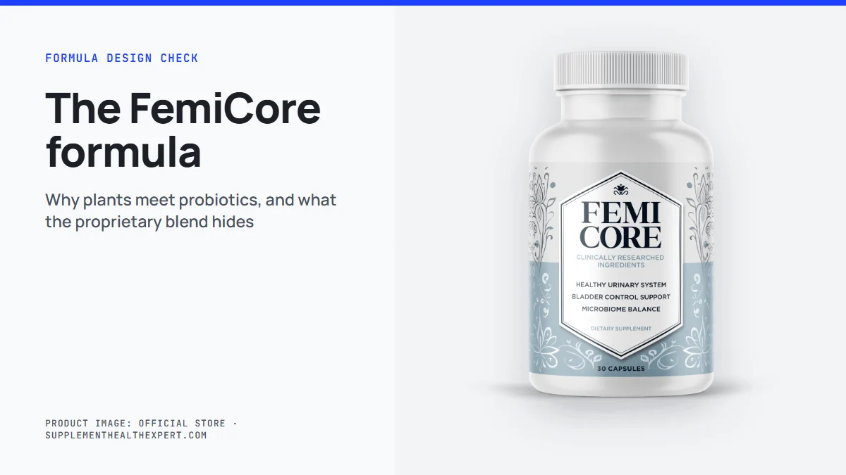 FemiCore formula: FemiCore bottle with a breakdown of its plant and probiotic blend design