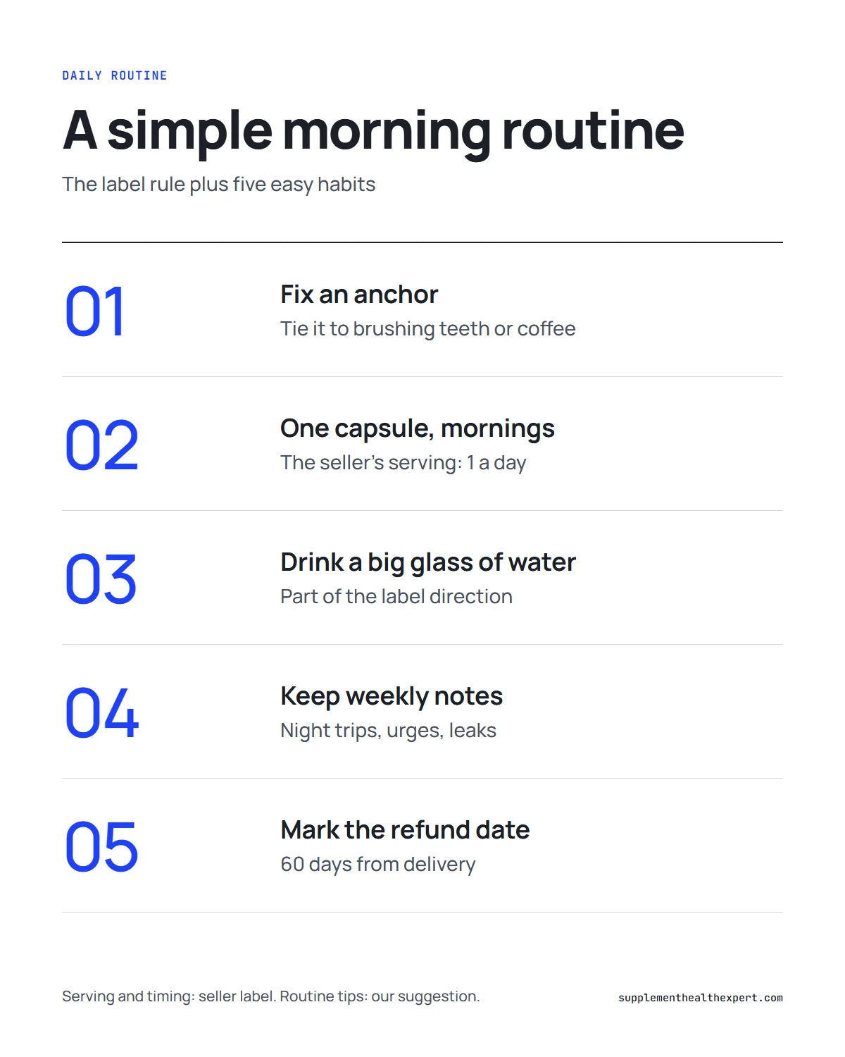 FemiCore how to use infographic: a five-step morning routine from placing the bottle to tracking the refund date
