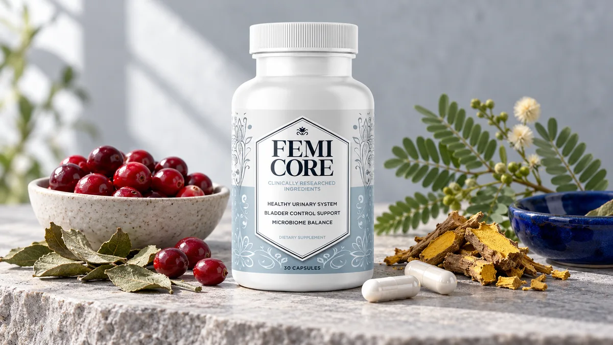 FemiCore ingredients list: capsule bottle beside cranberries, bearberry leaves, a mimosa pudica sprig and berberine root