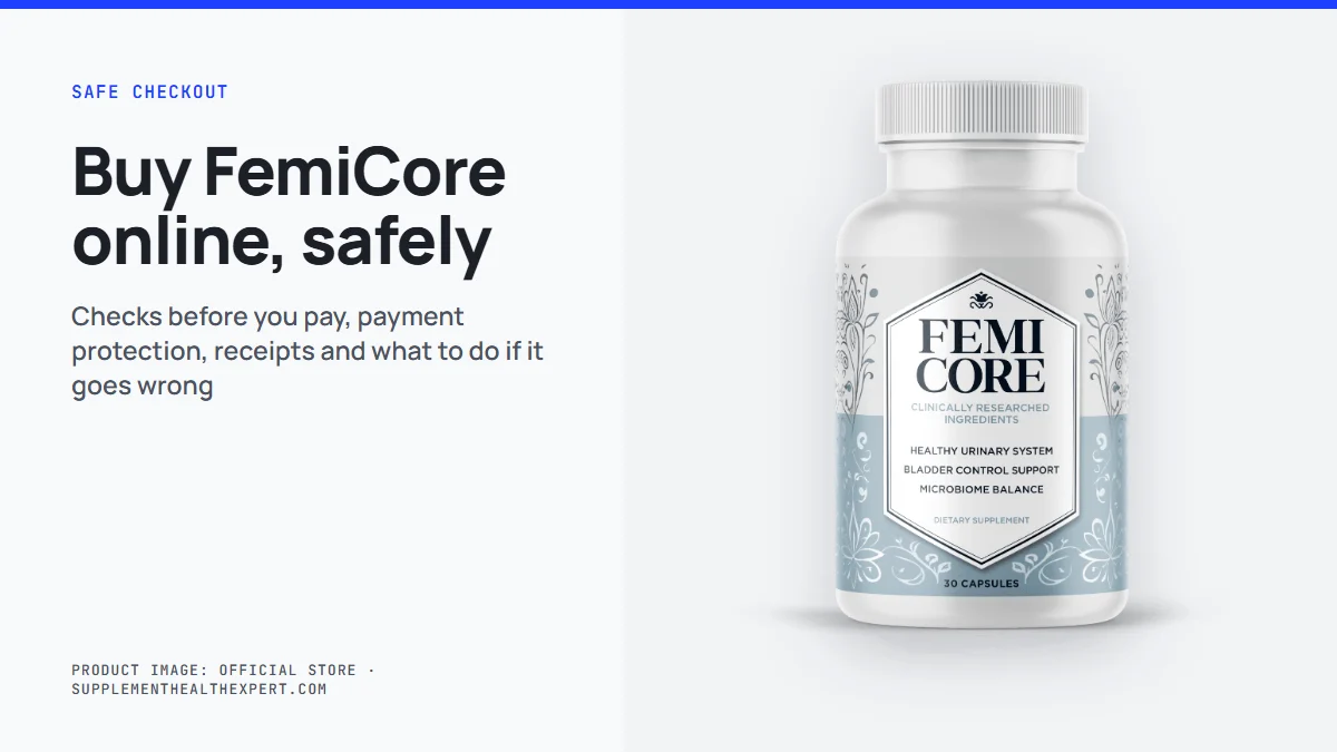FemiCore official website buy online: FemiCore bottle beside a secure checkout checklist