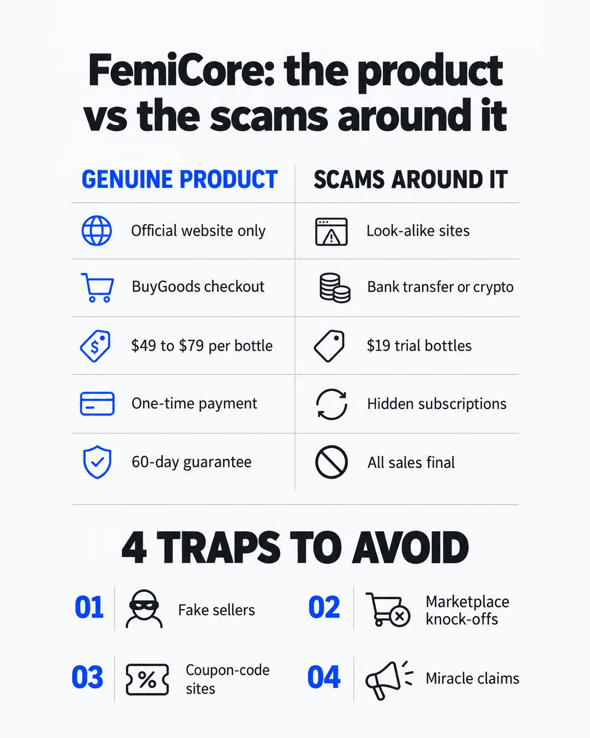 FemiCore scam infographic: the genuine product compared with the scams around it, including fake sellers, knock-offs and coupon sites