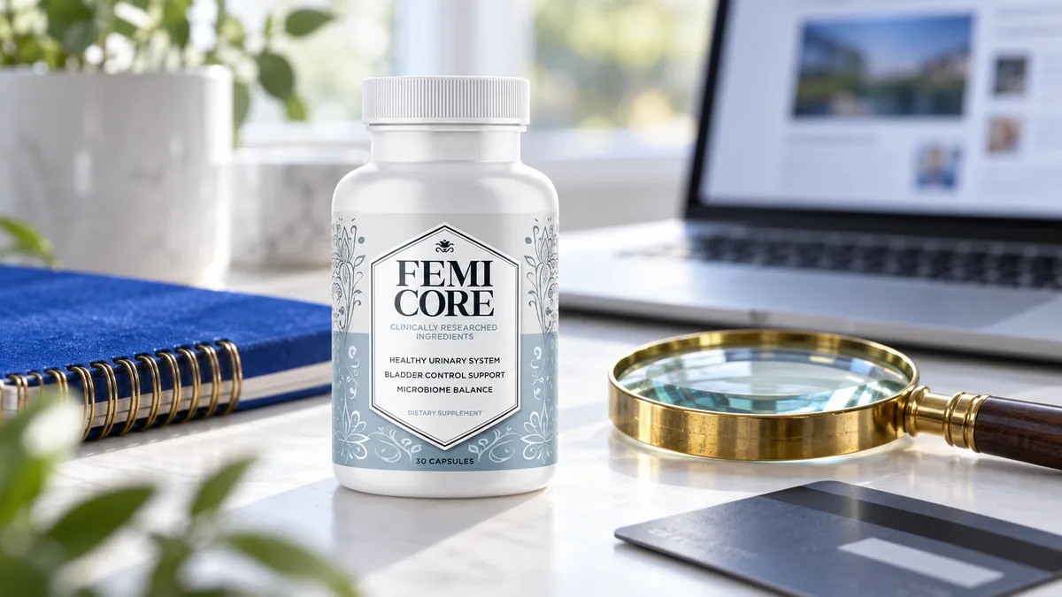 FemiCore scam check: genuine FemiCore bottle beside a magnifying glass, a laptop and a payment card