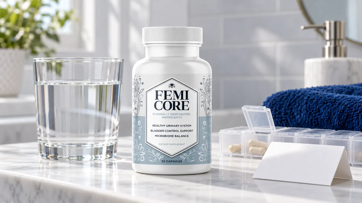 FemiCore side effects: supplement bottle beside a glass of water and a weekly pill organiser on a bathroom counter