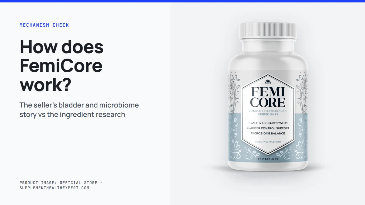 How does FemiCore work explainer: the FemiCore bottle next to a summary of its microbiome and bladder support claims