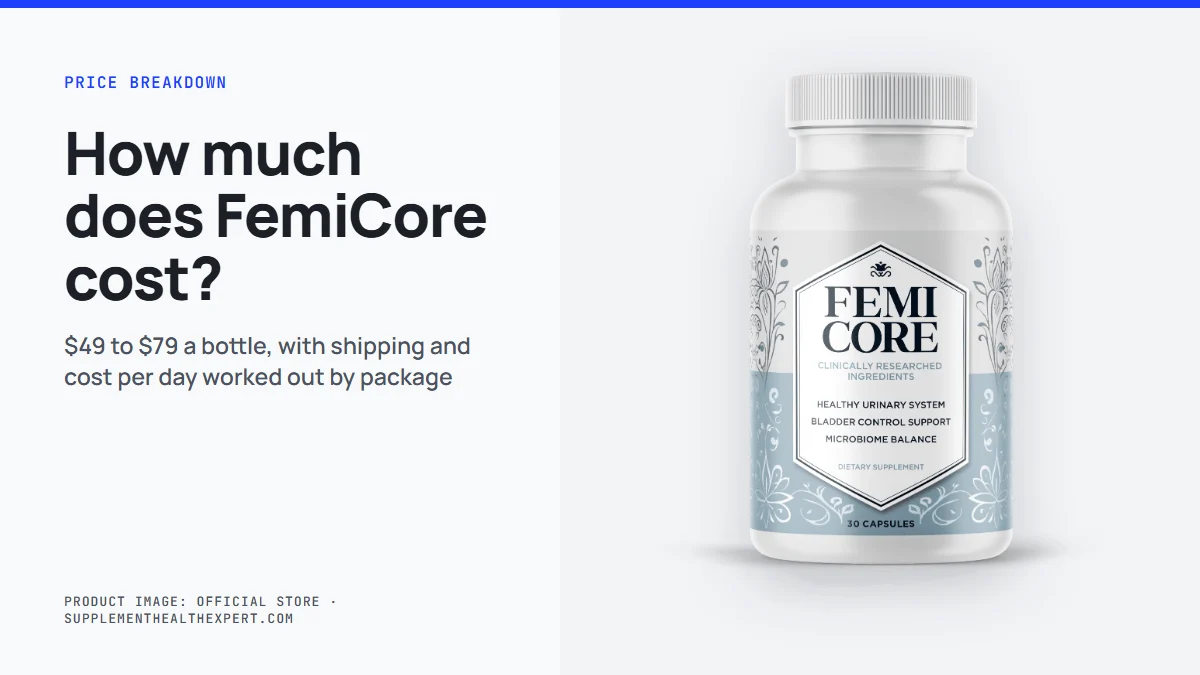 How much does FemiCore cost: the FemiCore bottle with package prices from $49 to $79 a bottle