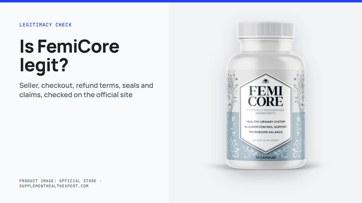 Is FemiCore legit: the FemiCore bottle with the five checks we ran on the official offer
