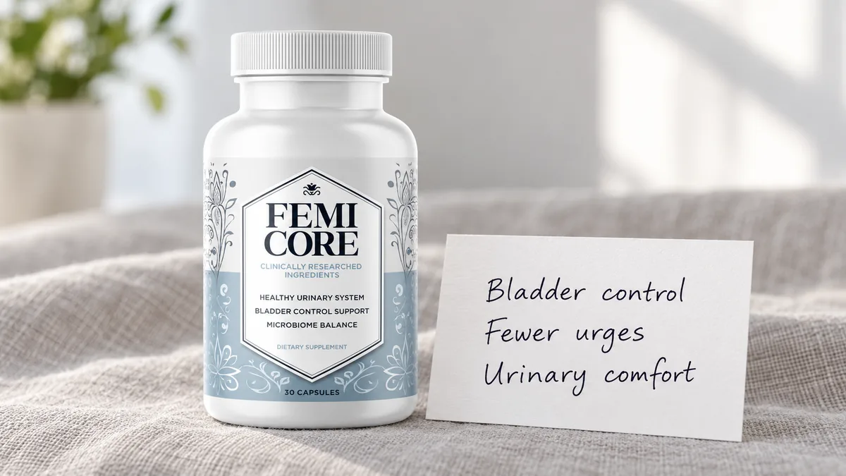 What are the benefits of FemiCore: the bladder support capsule bottle beside a card listing bladder control, fewer urges and urinary comfort