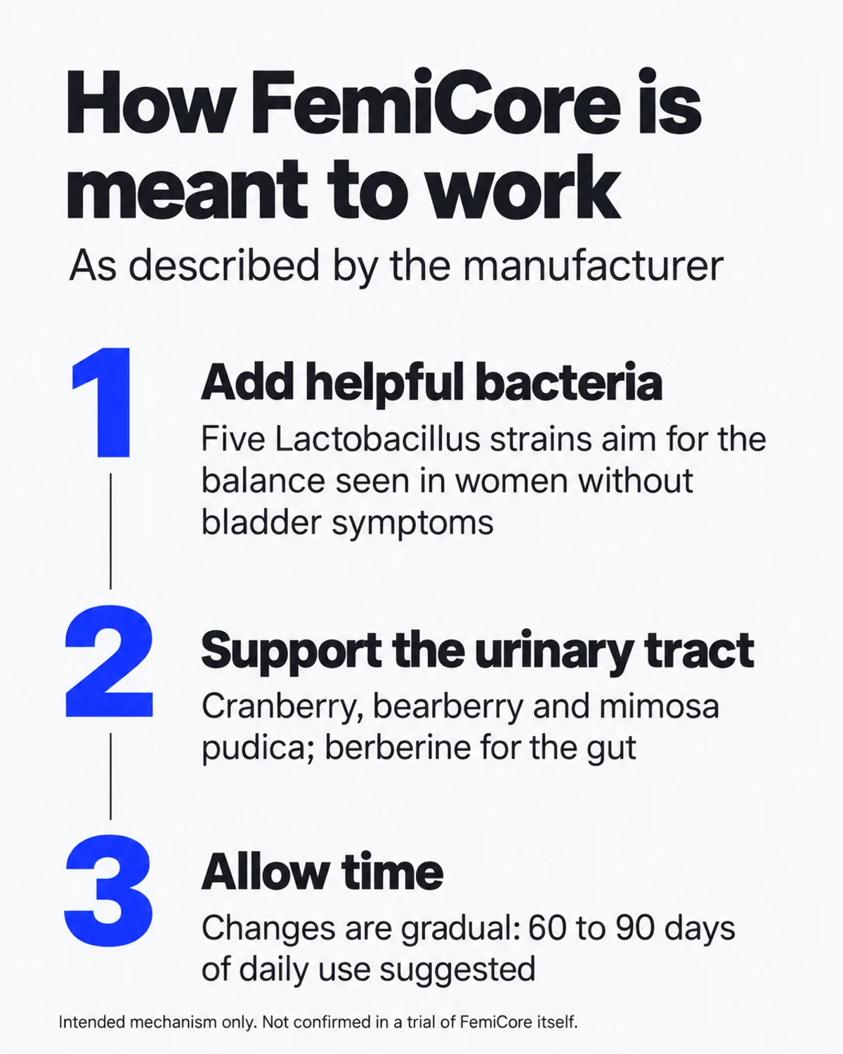 What is FemiCore infographic: how FemiCore is meant to work in 3 steps, from probiotics to urinary tract support to bladder comfort