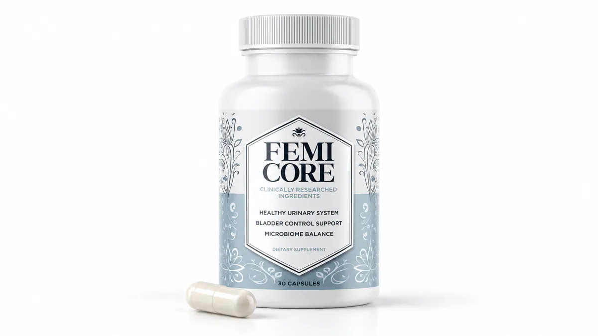 What is FemiCore: a single FemiCore bottle and one capsule on a plain white surface
