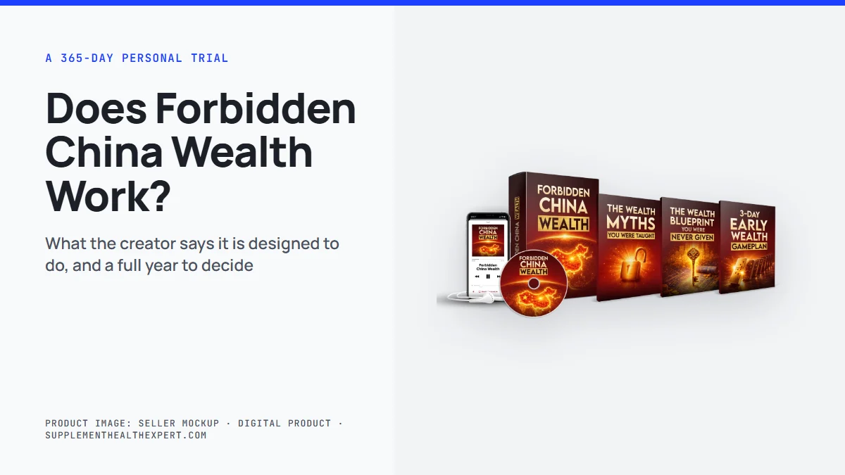Does Forbidden China Wealth work: the seller's digital audio mockup with the three bonus guide covers