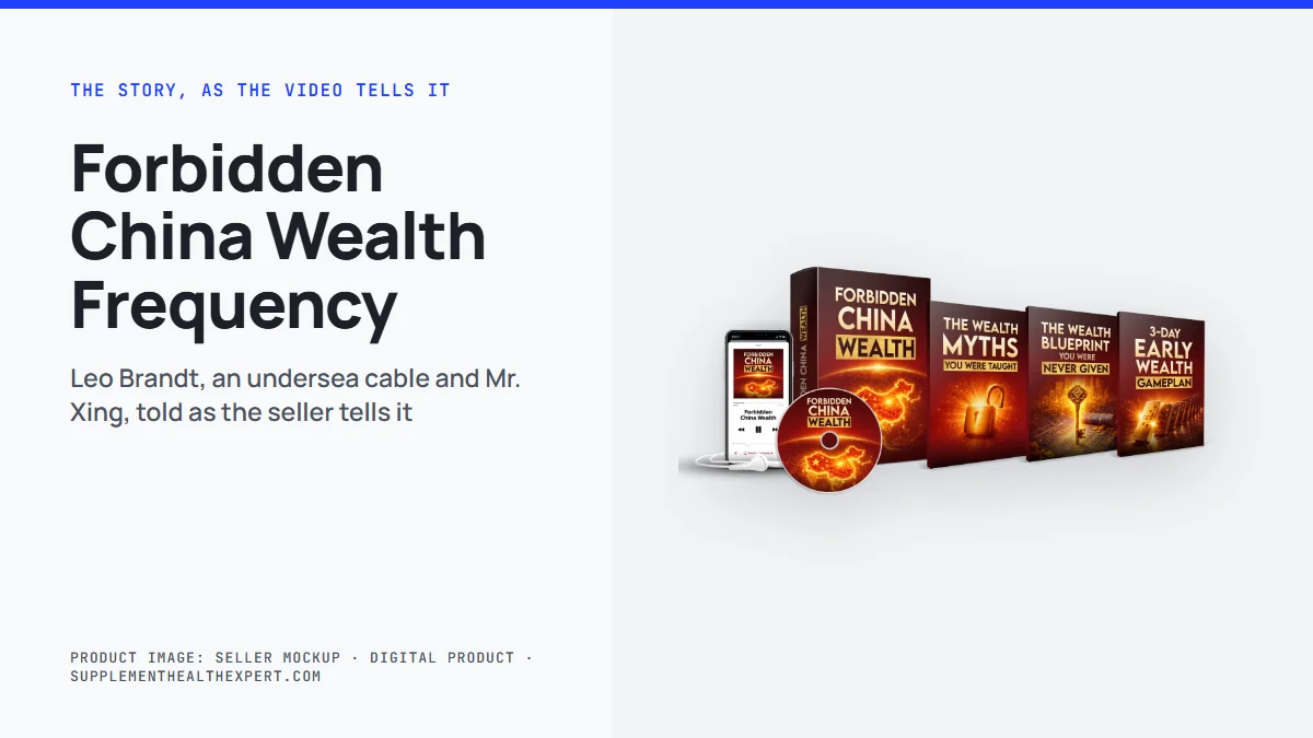 Forbidden China Wealth frequency story: the seller's digital audio mockup with the three bonus guide covers