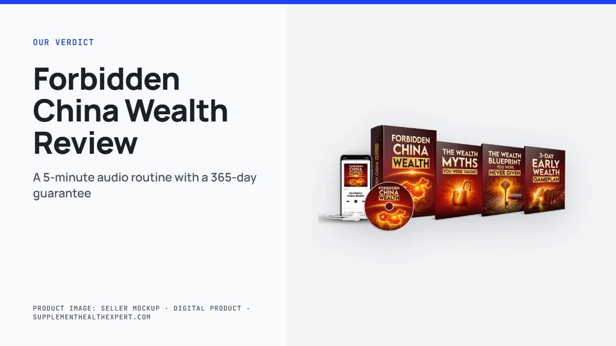 Forbidden China Wealth review: the seller's product mockup, a digital audio track with three bonus guides