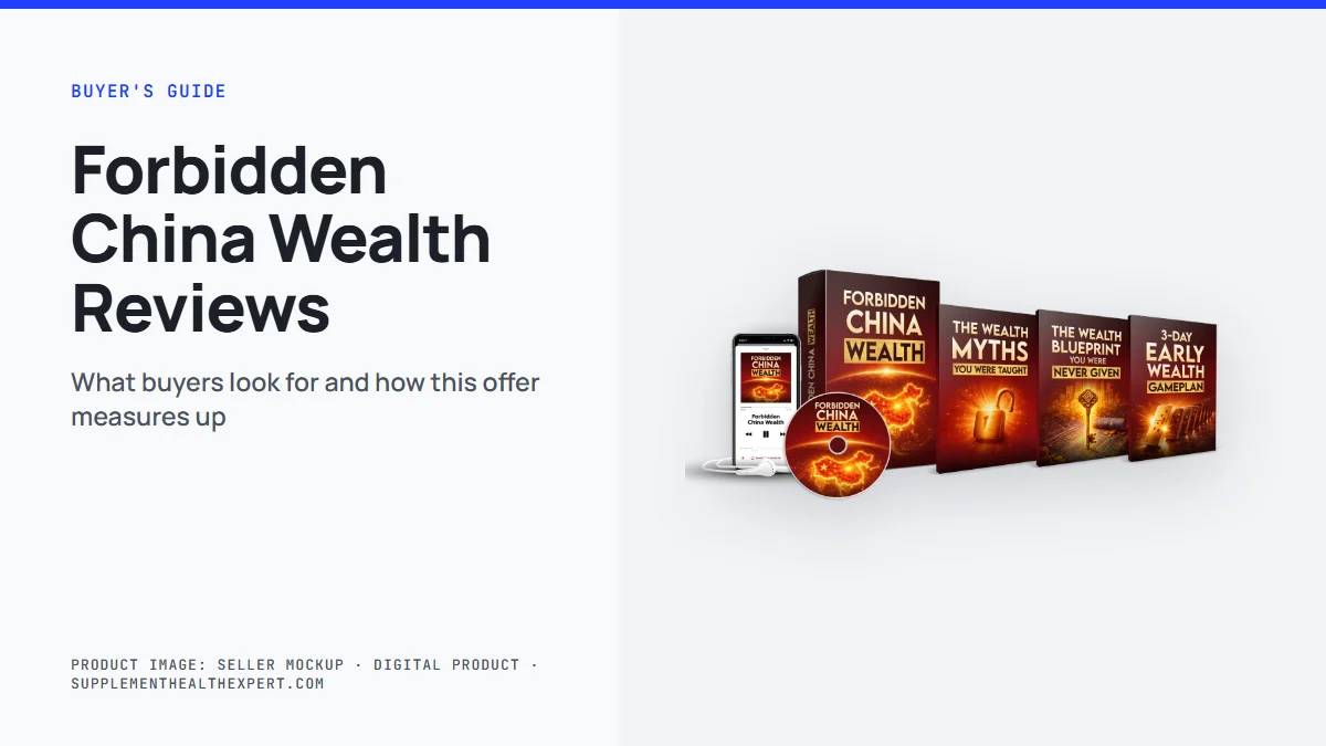 Forbidden China Wealth reviews guide: the seller's product mockup of a digital audio track and three bonus guides
