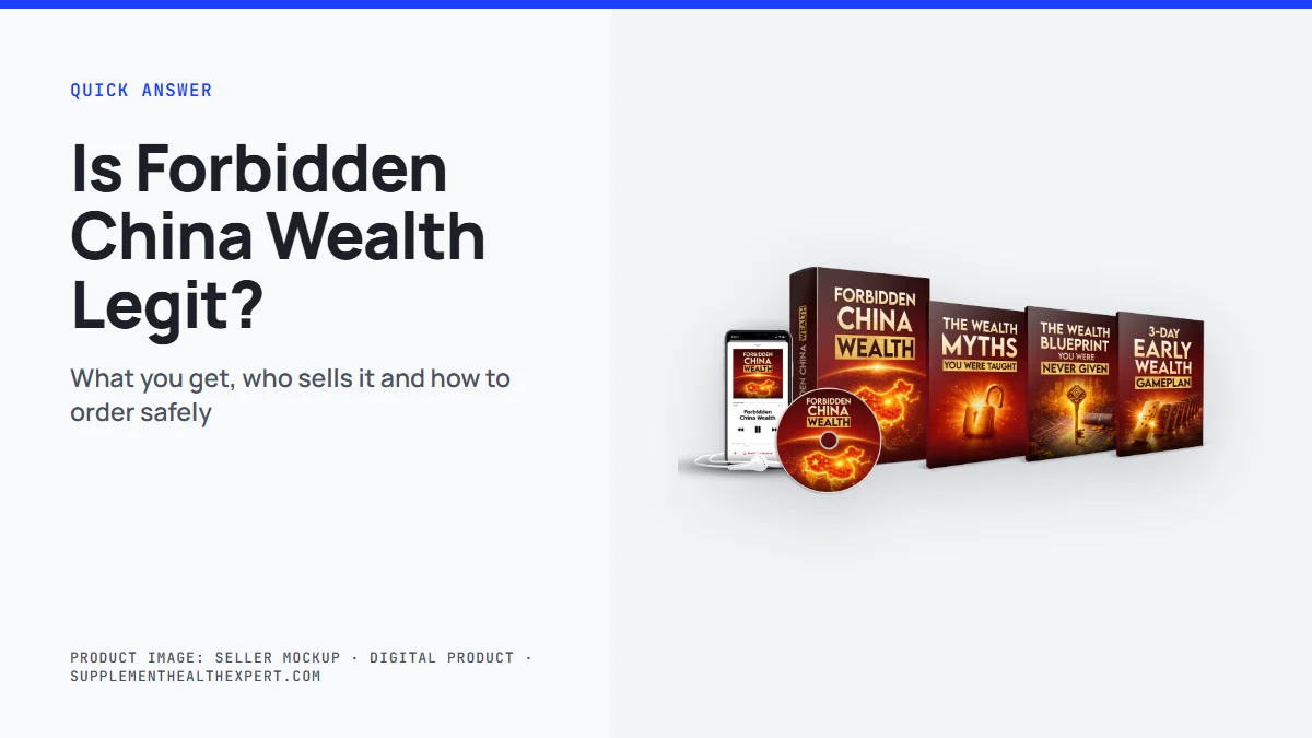 Is Forbidden China Wealth legit: the seller's product mockup of a digital audio track and three free bonus guides