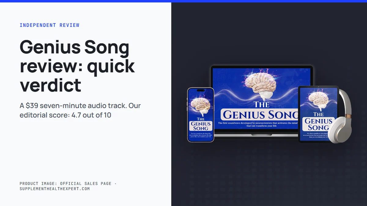 Genius Song review: the seller's audio track mockup on a graphite background with a quick verdict