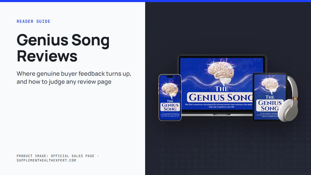 Genius song reviews: The Genius Song product mockup on screens beside the title Genius Song Reviews and a reader guide label