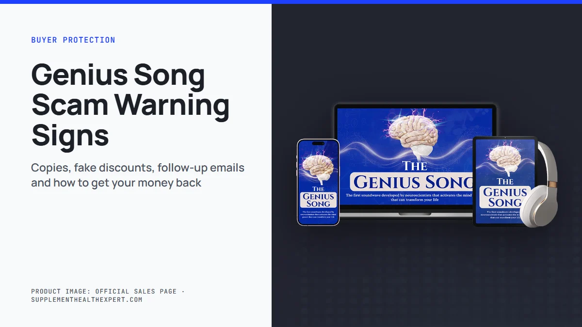 Genius song scam warning signs: product mockup of The Genius Song audio track on a graphite background