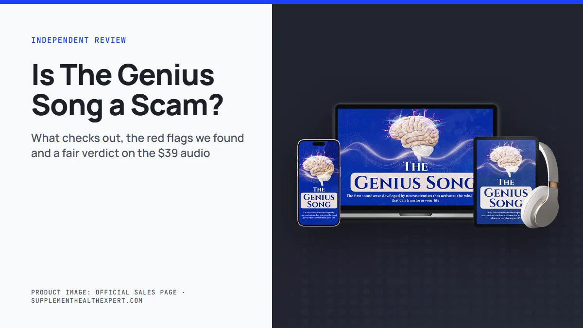 Is the genius song a scam: product mockup of The Genius Song audio track on a graphite background
