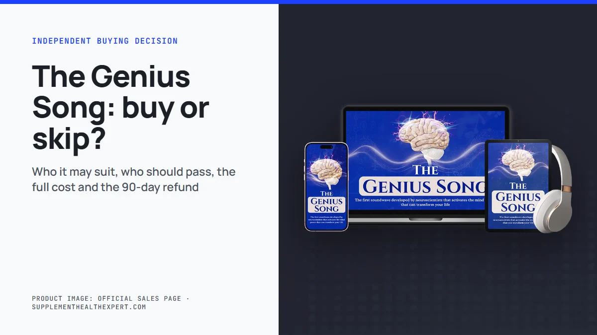 The genius song buy decision: the seller's mockup of The Genius Song audio track on a phone, laptop and tablet