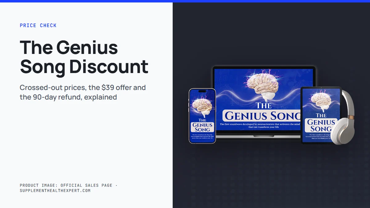 The genius song discount: product mockup of the audio track on a graphite background with the title The Genius Song Discount