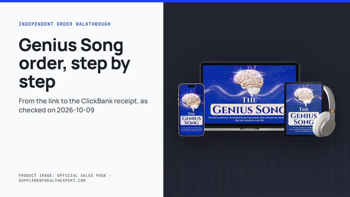 The genius song order walkthrough: the seller's mockup of The Genius Song audio track on phone, laptop and tablet