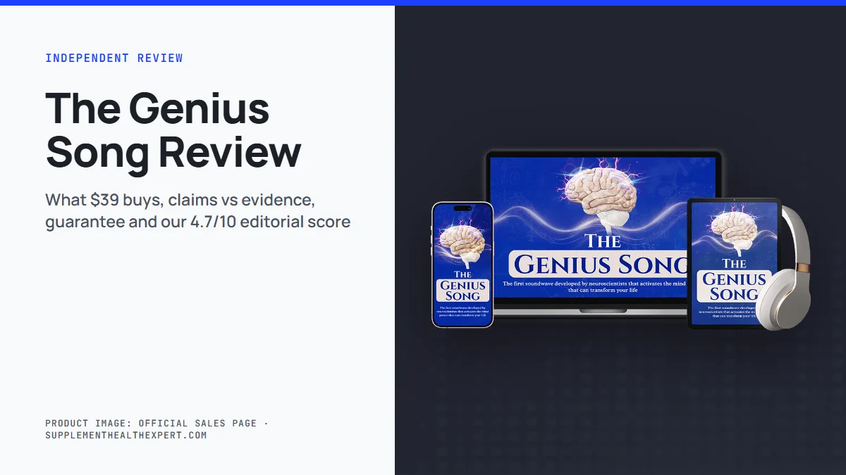 The Genius Song review: the audio track shown on a laptop, phone and tablet with our independent score summary