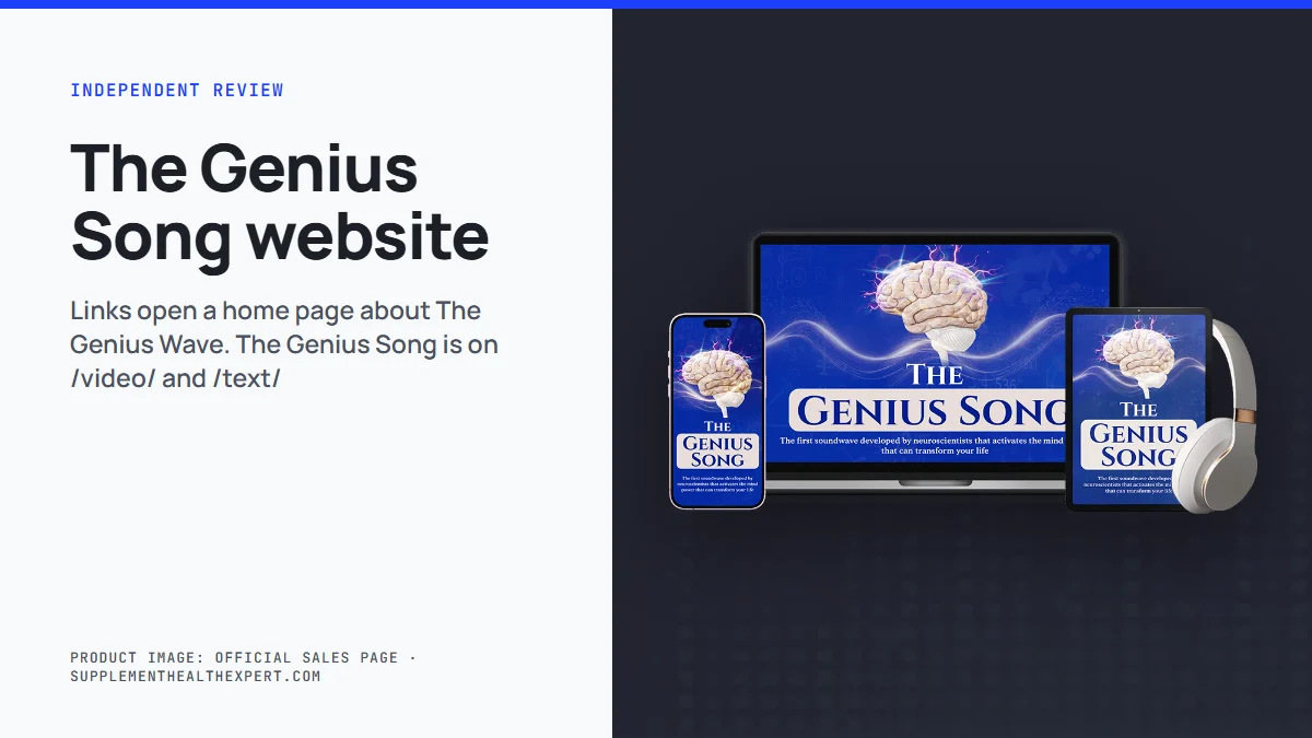 The Genius Song website: audio track product mockup on a graphite background, with the Song on the video and text pages