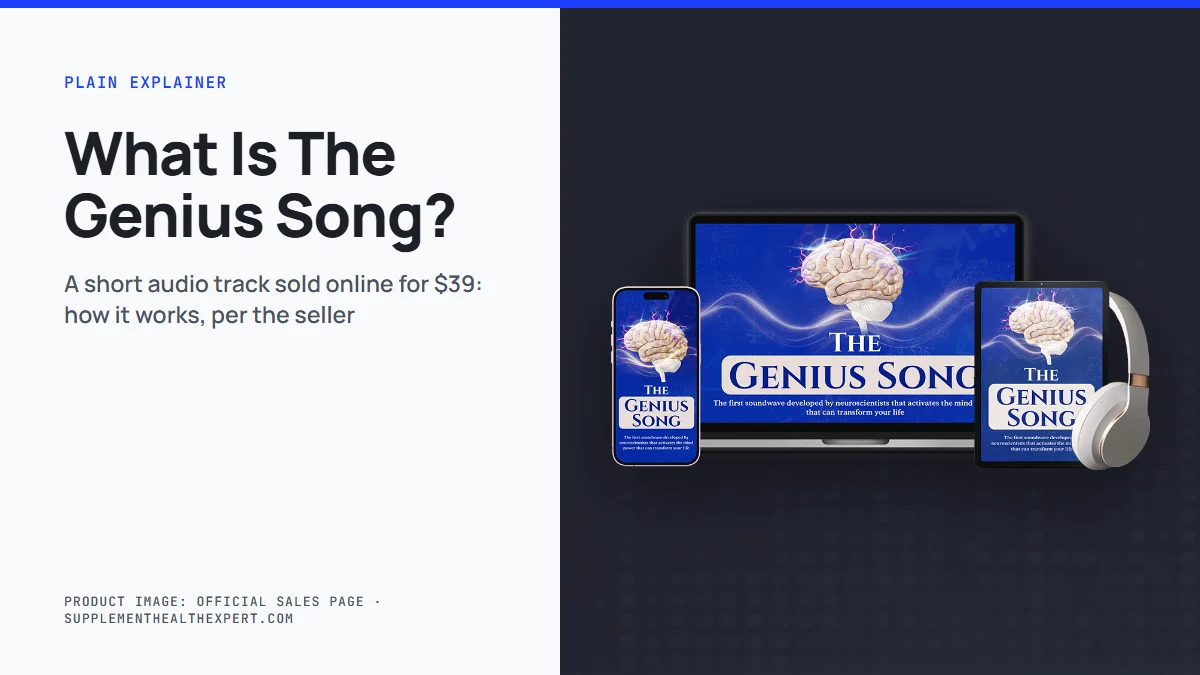What is the genius song: product mockup of The Genius Song audio track shown on a laptop, tablet and phone